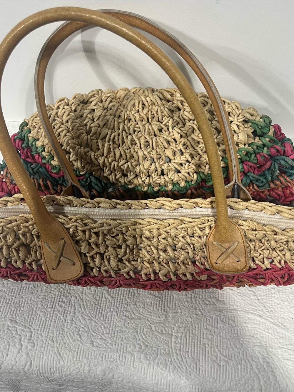 Handwoven Macrame Multicolor Straw Boho Tote Bag with Tan Leather Handles - Picture 5 of 5